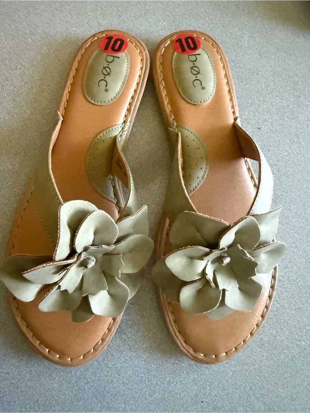b.o.c. Tan Slip-On Sandals with Olive Flower Detail